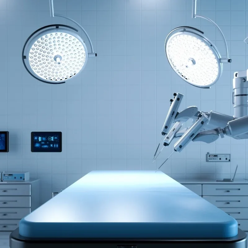 Modern operating room equipped with bright surgical lights and robotic surgery arms positioned over an empty operating table.